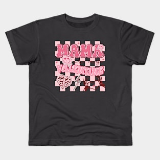 Mama Is My Valentine Pink Skeleton Heart Checkered Background Kids T-Shirt